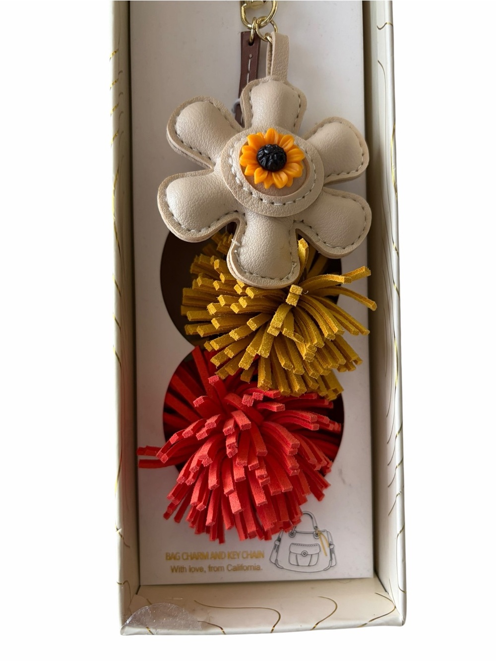 EYE CANDY Faux Leather Floral Keychain and Bag Charm w/Red and Mustard Pompoms